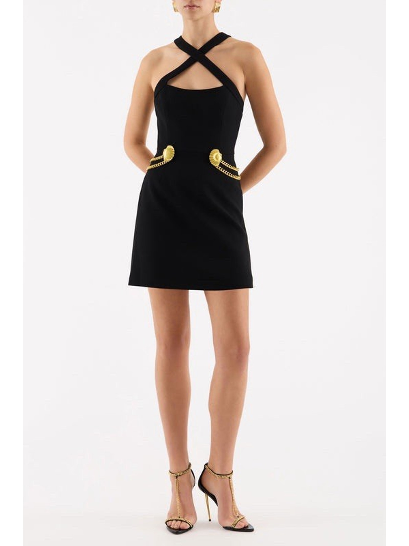 Nwt Rebecca Vallance Chelsea Chain-Embellished Halter Mini Black Dress Us 12